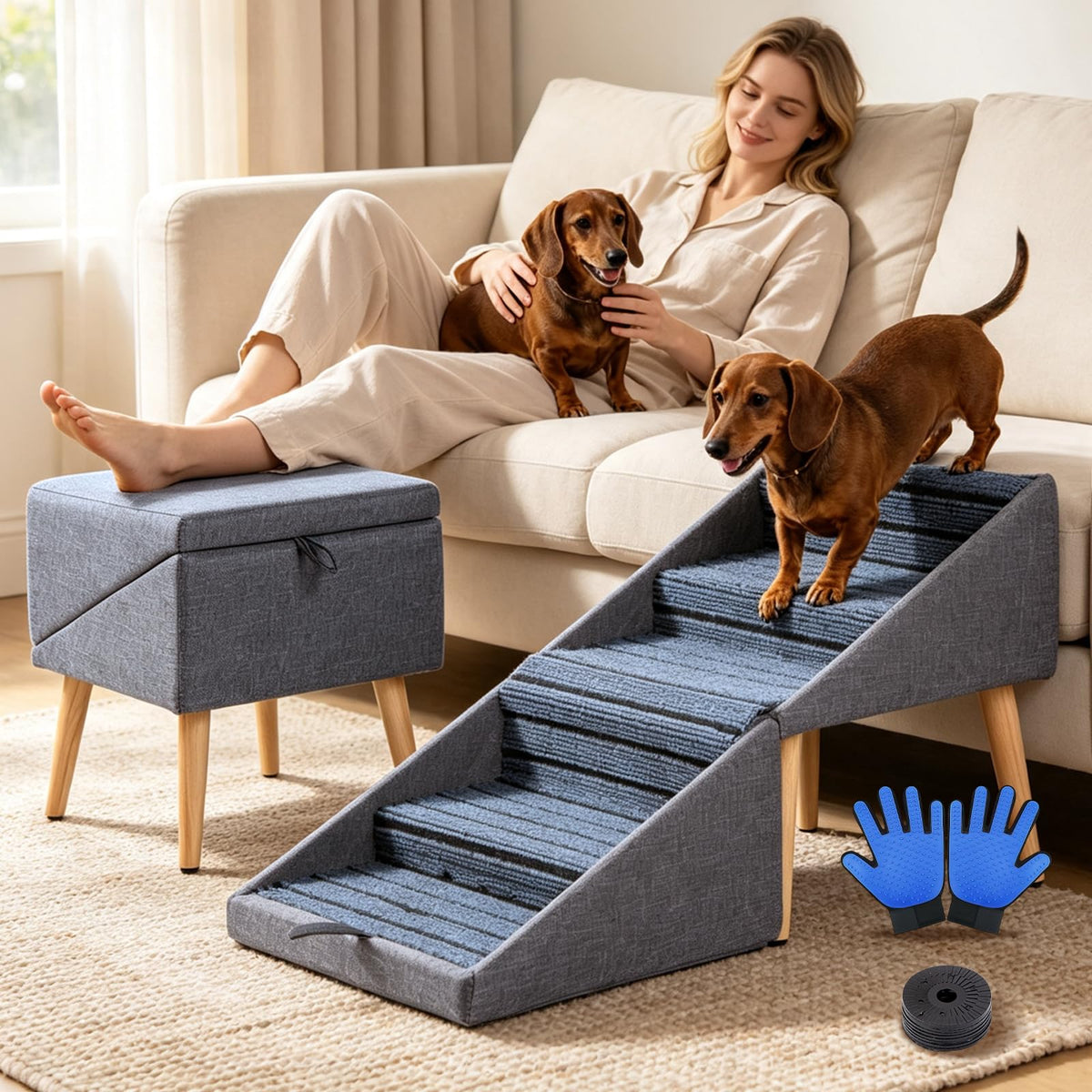 2-in-1 Foldable Dog Stairs for Couch, Wooden Pet Steps Ottoman - Image 1