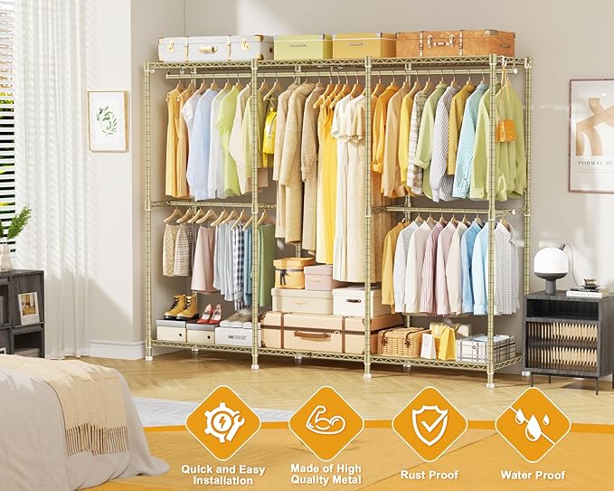 E14 Pro Heavy Duty Clothes Rack，Freestanding Clothing Racks for Hanging Clothes，Adjustable Closet Organizers and Storage，Metal Garment Rack with Shelves 69"W x16"D x77"H，Max Load 960LBS，Gold