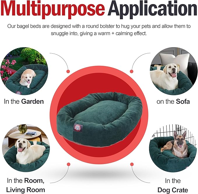 Majestic Pet 32 Inch Micro Velvet Calming Dog Bed Washable – Cozy Soft Round Dog Bed with Spine for Head Support - Fluffy Donut Puppy Mat 32x23x7 (inch) Medium – Marine (2025)