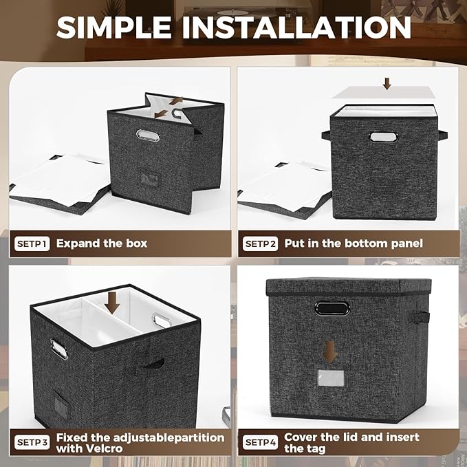 Sturdy Vinyl Record Storage Box - Album Storage Holds up 50+ Single Record, LP Storage Organizer Crate With Lid, Decorative Moving Box For Records, Solutions to Protect Your Precious Collection Black