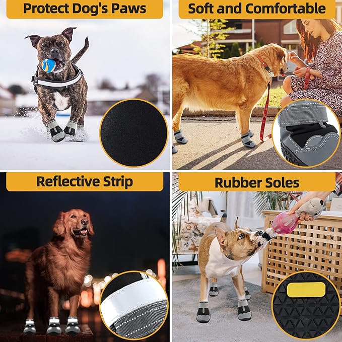 Dog Shoes for Large Dogs, Medium Dog Boots & Paw Protectors for Hardwood Floors, Outdoor Dog Booties for Hot Pavement Winter Snow Hiking, Waterproof Dog Shoes with Reflective Strips Size 3