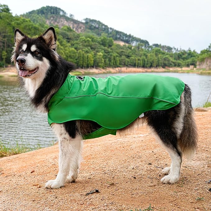 Outdoor Waterproof Dog Jacket for Extra Large Dogs,Doggie Coats with Harness Buitl in D-Ring Warm Fleece Dog Clothes for Cold Winter,Green 4XL