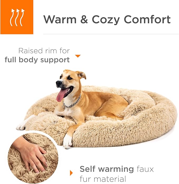 Best Choice Products 45in Dog Bed Self-Warming Plush Shag Fur Donut Calming Pet Bed Cuddler w/Water-Resistant Lining, Raised Rim - Brown