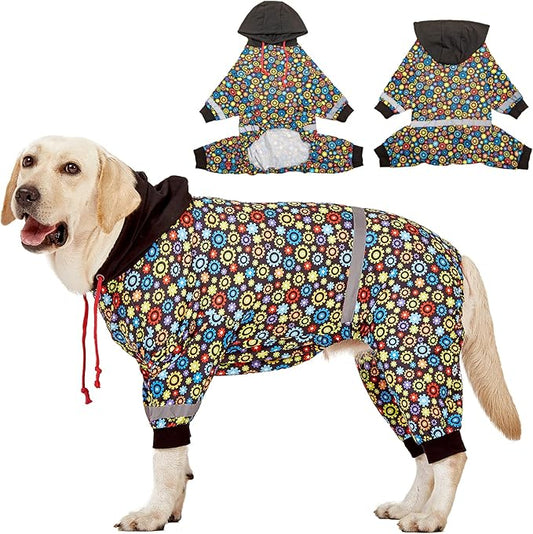 LovinPet Large Big Dog Onesies, Wound Care/Post Surgery Dog Shirt, Stop Shedding for Dogs, Pet Anxiety Relief Pajamas, PJ's for Dogs, Reflective Stripe, Gears and Black Print, Pet PJ's, M