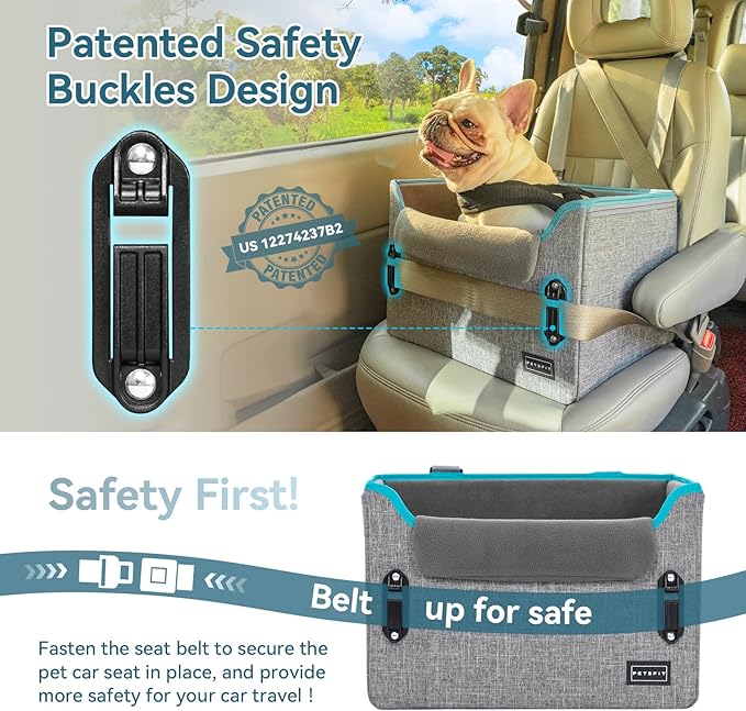PETSFIT Dog Car Seats for Small Dogs, Patent Safe Buckles Dog Booster Car Seat, Cat Cars Seat with Safety Belt, Suitable for Small Pets Up to 25lbs (Grey)