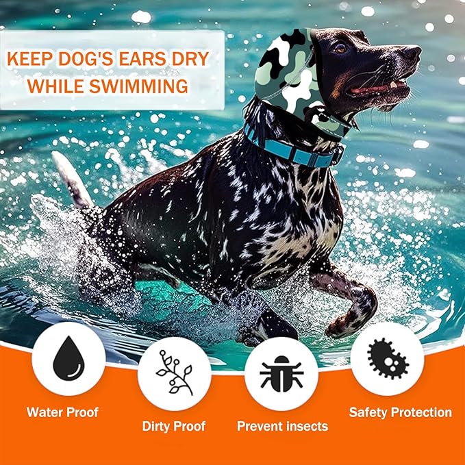 BAMY Swimming Waterproof Dog Ear Caps Calming Large Dog Ears Cover Shower Cap for Ear Protection for Bath for Grooming (Camouflage, L (Size L: Head Circumference 18"-24"))