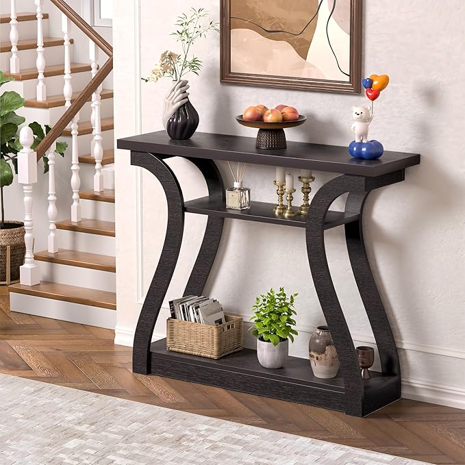 Wooden Console Table with Curved Legs and Shelf, 3-Tier Modern Accent Sofa Table for Entrance Area, Living Room, Hallway 47 in Wide (Brown)