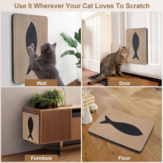 Ownpets Wall Cat Scratcher, Cute Vertical Cat Scratching Board, Wall Mounted Cat Scratch Pad for Wall, Glass, Wood, and Tile, Furniture Protector, Fish Print