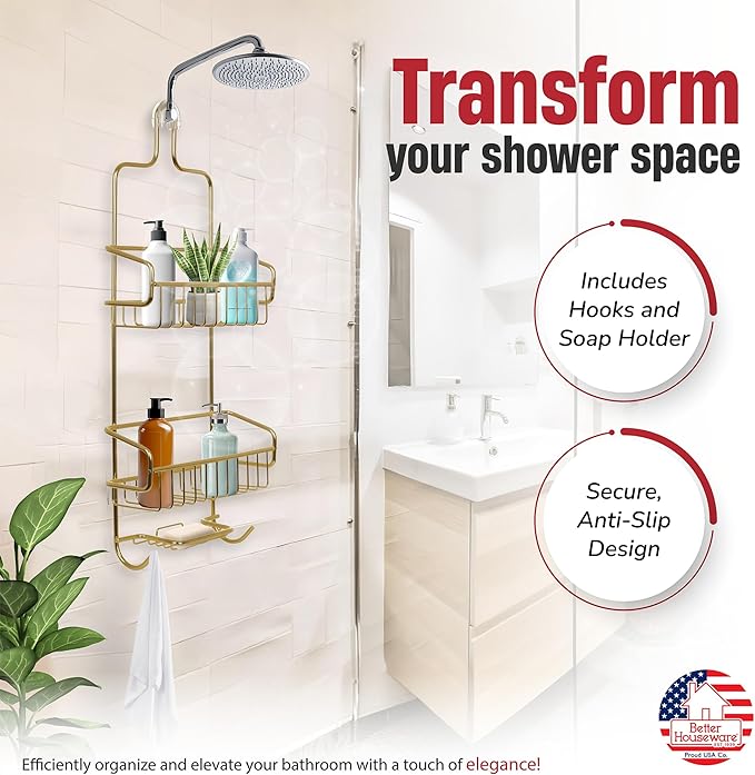 Better Houseware Shower Caddy - Shower Organizer Shelves with Hooks, Rustproof Shower Storage Rack for Shampoo, Conditioner, Soap, Bath Sponge - Gold (Caddy + Soap Holder)