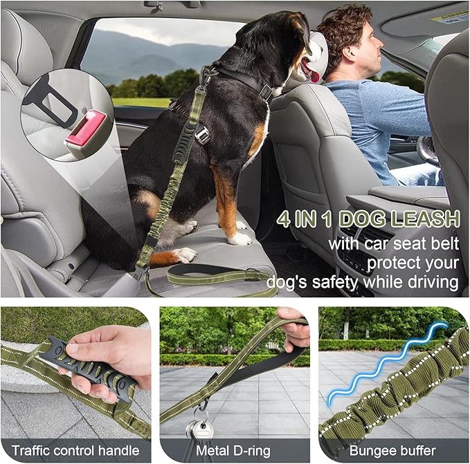 Tactical Dog Leash Heavy Duty, 4-6FT Shock Absorbing Bungee Dog Leash, Reflective Military Strong No Pull Dog Leash with 2 Padded Handle and Car Seatbelt for Medium Large Dogs, Army Green