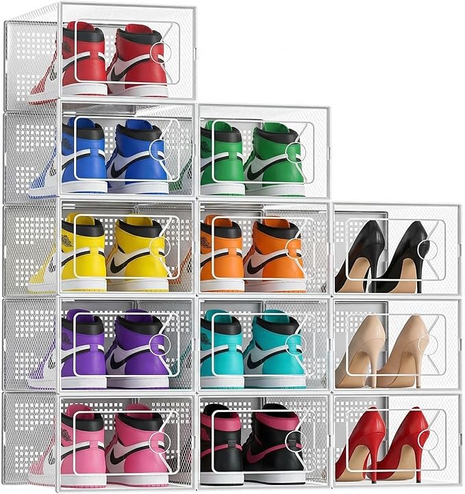 DUMOS Stackable Shoe Storage Boxes, 12-Pack Plastic Shoe Organizers with Lids, Large Shoe Rack & Holder for Closet, Under Bed, Entryway, Sneaker Display and Storage Containers, White