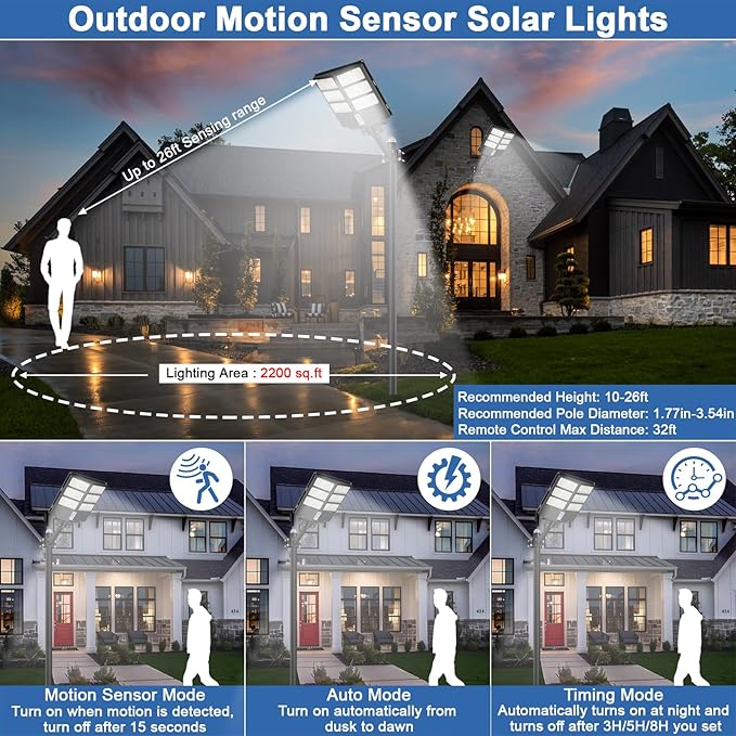 Solar Street Light, 4000W Solar Flood Lights Outdoor Waterproof 450000LM Commercial Parking Lot Light with Motion Sensor