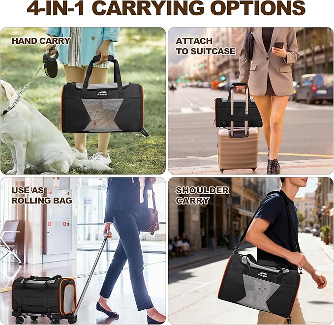 Pet Carrier Airline Approved with Wheels, Rolling Airline Cat Carrier Underseat up to 13lbs, Soft-Sided Cat Carriers for Kitten and Puppy with Shoulder Strap and Pet Bowl 16.5 * 11 * 10.2in, Black