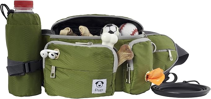 Dog Treat Pouch with Poop Bag Holder, Water-Resistant Fanny Pack with Collapsible Bowl & Bottle Holder – Olive Green Waist Bag for Training, Hiking, Walking – Fits All Phones, Large Size