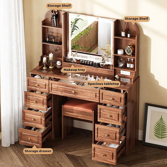 43" Makeup Vanity Desk with Mirror and Lights, & Power Outl, Glass Top Big Vanity Table with 9 Drawers& 8 Storage Shelves, Dressing Table Set with Chair for Bedroom, Walnut