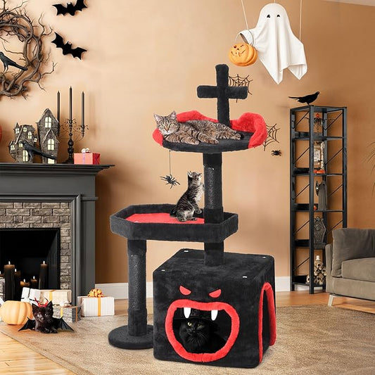 YITAHOME 4-in-1 Gothic Cat Tree with Coffin Bed for Indoor Cats, 38.6 in Small Cat Tower with Scratching Post, Modern Activity House Condo with Cradle, Kittens Cave, Black & Red