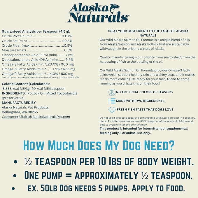 Alaska Naturals Wild Alaskan Fish Oil Supplement for Dogs Skin and Coat with EPA DHA Omega 3 Fatty Acids Sustainable Liquid Food Topper 15.5 oz. Pump