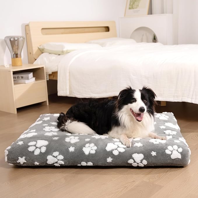 Dog Beds for Extra Large Dogs, Cute Thick Dog Bed for Crate Kennel, Fluffy Pet Bed with Removable Washable Cover and Anti-Slip Bottom, 41"x 28", Grey Paw