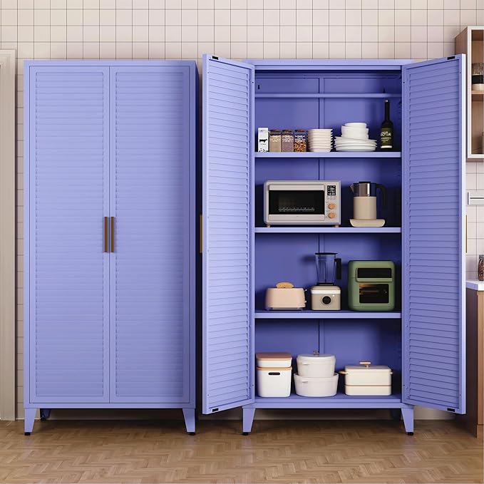 Pantry Cabinet with 3 Adjustable Shelves, 4-Tier Freestanding Kitchen Storage Organizer, Multi-Function Storage Unit for Kitchen, Living Room, Home, Purple 61" H X 27.6" W X 13.8" D