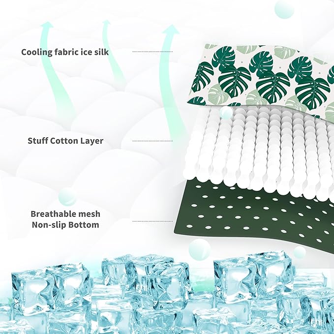 NWK Pack of 4 Pet Cooling Mat -Q-Max>0.345 Ice Silk Cooling Mat for Dogs & Cats Portable & Washable Pet Cooling Blanket, Car Seats, Beds for Summer (4pcs, Green Leaf, 20'' X 16'' X 0.3'')