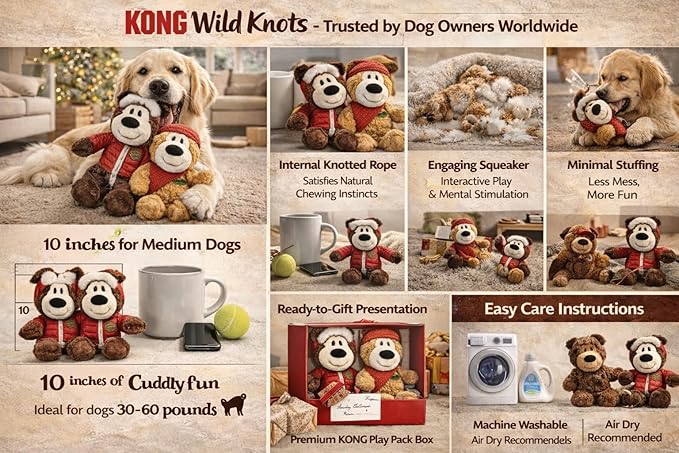 Wild Knots Bear Plush Squeaker Toys 2-Pack — Internal Rope, Minimal Stuffing, Medium Dogs