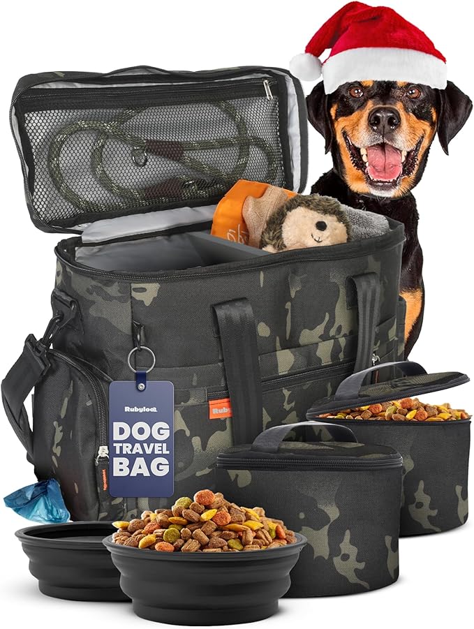 The Original Doggy Bag™- Dog Travel Bag for Supplies - Ultimate Gift for Dog Moms & Dads, Doggy Lovers & Pet Owners for Christmas- Includes 2 BPA-Free Travel Bowls and 2 Food Containers: Camo