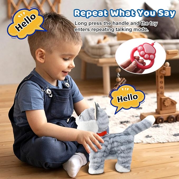 Gray Walking Cat Set Interactive Toy Cat for Girl Repeat What You Say Toy Kitten Talking Singing Dancing Touch Control Robot for Kid with Leash Wagging Tail Nodding Plush Electric Kitty