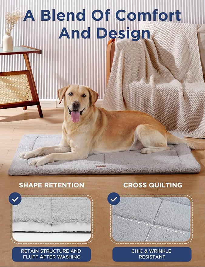Dog Beds Crate Pad for Large Dogs, Reversible & Washable Non-Slip Kennel Pet Mat, Soft Plush and High Density Foam Cat Bed for Indoor & Outdoor Use, 36" x 27", Gray