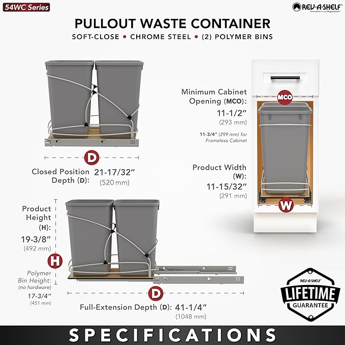 Rev-A-Shelf Steel Bottom Mount Double 27 Quart 6.75 Gallon Waste Bin Trash Container for Under Kitchen Cabinet with Soft Close, Gray, 54WC-1527SC-17-1