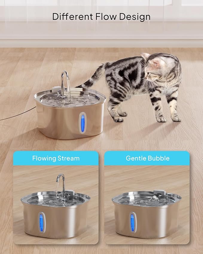 PEKTACO Stainless Steel Cat Water Fountain, 3.2L/108oz Cat Water Dispenser with Quiet Water Pump, Dishwasher Safe Pet Drinking Fountain for Cats