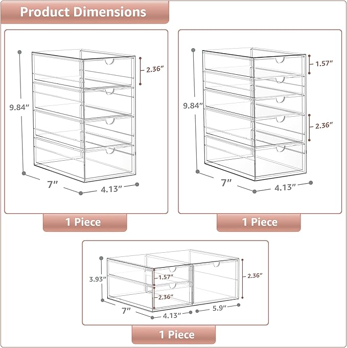 Sorbus Makeup Organizer With 12 Drawers, Acrylic Drawer Organizer for Makeup, Office Organization and Storage, Art Supplies, Jewelry, Stationary - 3 Pcs Clear Stackable Storage Bins Organizer Drawers