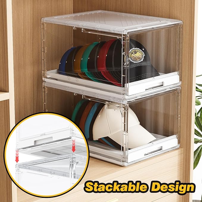 Hat Organizer for Baseball Caps 2 Pack, Clear Hat Holder Box Containers with Drawer Stackable Cap Storage Display Case for Hats Snapback Cap