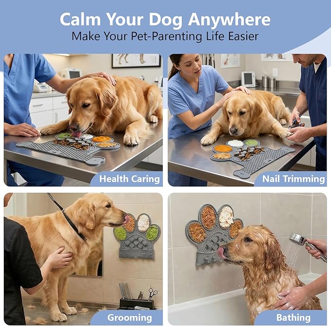 Licking Mat for Dogs & Cats, Slow Feeder Lick Pat, Anxiety Relief Dog Feeding Mat for Butter Yogurt Peanut, Grey