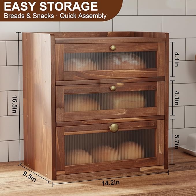 Bread Box for Kitchen Countertop, Bin 3 Layer Bread Storage Container, Wooden Breadbox Holder, Large Capacity Food Organizer, Vintage Multi-functional Container, Pantry Shelf with Acrylic Window