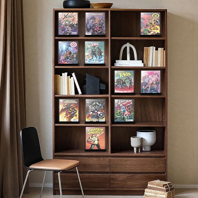 Comic Book Storage Holder，Wood Comic Book Case with three acrylic dividers，Acrylic Comics Book Box，Bin & Organizer，Stores Up To 150 Comics (Black)