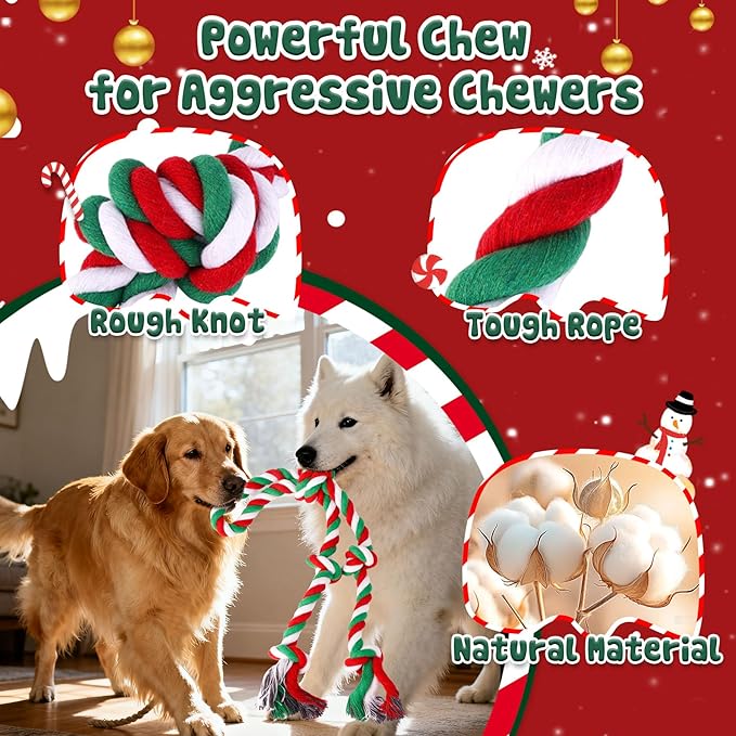 Christmas Tough & Strong Dog Toy for Aggressive Chewers – Tough Chew Toys for Large Dogs, Ideal for Tug-of-War & Teeth Cleaning, with 3 Rope Toys & 2 Dog Supplies