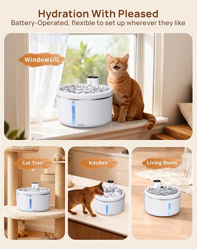 Wireless Cat Water Fountain with Stainless Steel Tray, 102oz/3L Pet Water Fountain for Cats Inside, Cat Fountain for Drinking with Motion Sensor, Ultra Quiet Pump, Cats & Dogs Gifts -2Filters