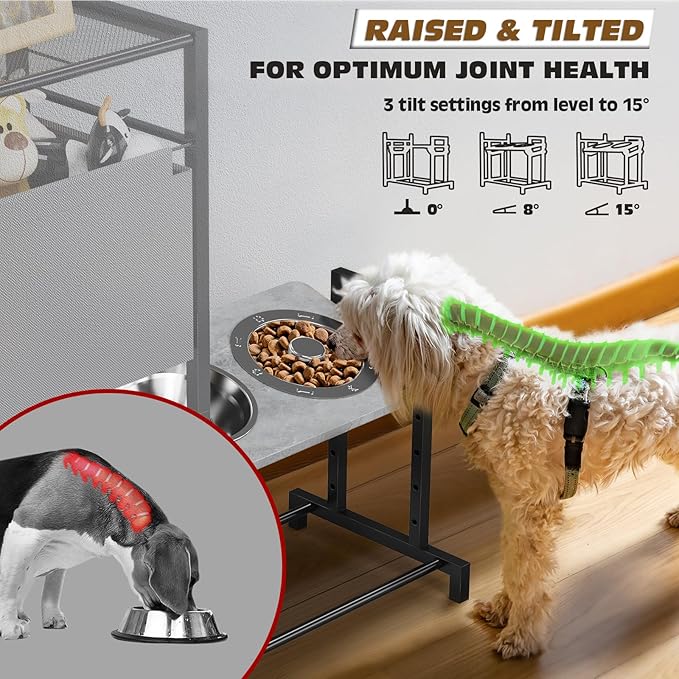 Elevated Dog Bowls Stand with Pet Storage Organizer, Adjustable Feeding Station Cabinet with Toy Basket for Large, Medium, and Small Dogs
