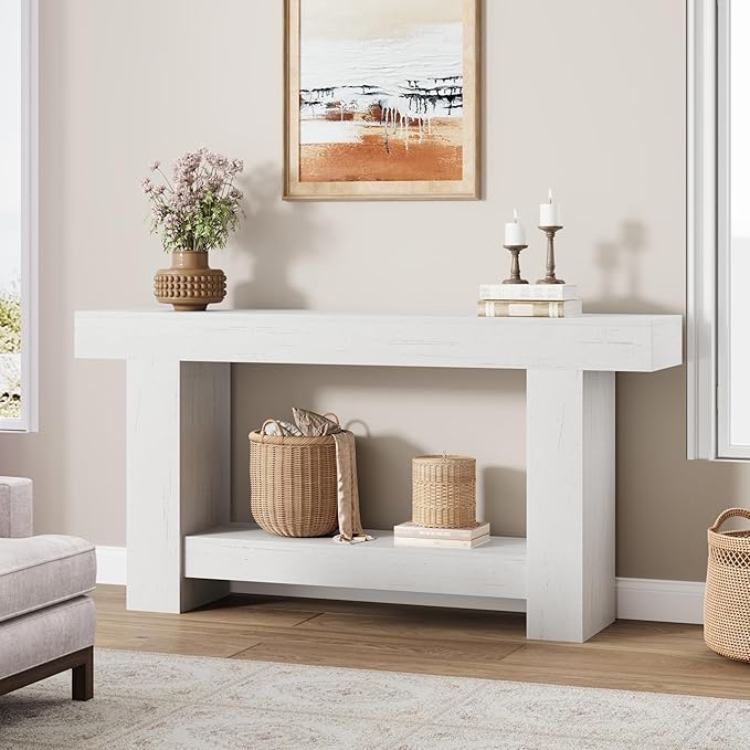 Garvee 63" Farmhouse Console Table with 2 Tiers and Storage – Large Wooden Sofa Table for Entryway, Hallway and Living Room