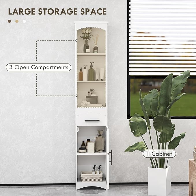 HOMCOM Tall Bathroom Storage Cabinet, Farmhouse Narrow Bathroom Storage Cabinet with Recessed Drawer and Barn Door, Linen Cabinet, White