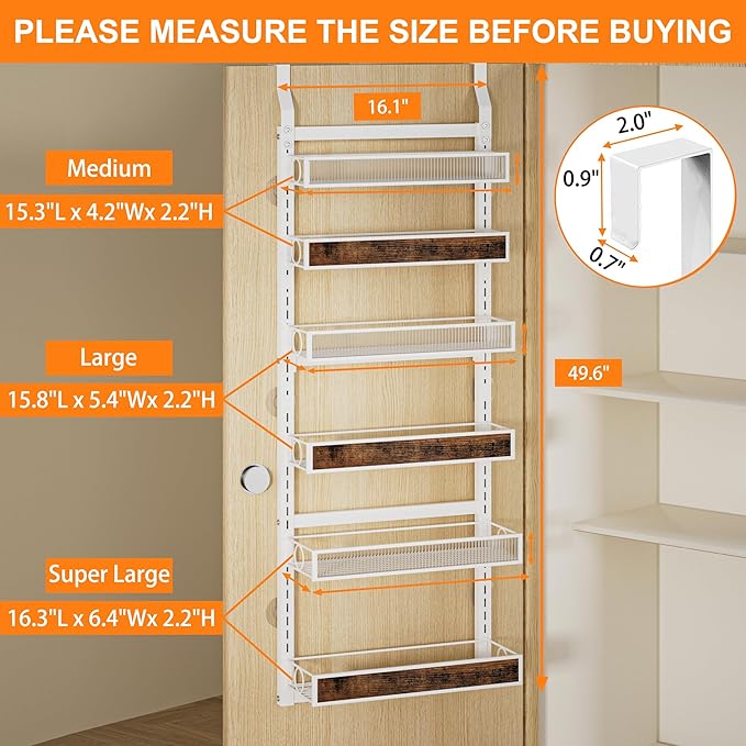 6 Tier Over the Door Pantry Organizer 2 IN 1 Hanging or Wall Mounted Spice Rack with Adjustable Basket,Heavy Duty Seasonning Storage Shelf for Kitchen Pantry and Bathroom