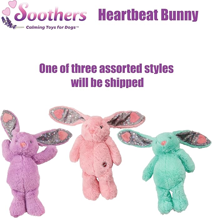 SPOT Soothers Heartbeat Bunny – 12 Inch Calming Plush Toy for Dogs & Puppies – Heartbeat Mechanism, Lavender Scent Beads, and Squeaker – Helps with Anxiety & Crate Training, Assorted Colors