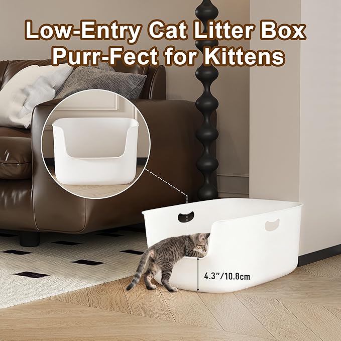 Low Entry High Sided Plastic White Cat Litter Box 22.8x15x8.66 Inch with Splash Guard - One-Piece Smooth Interior Easy Clean for Senior Kittens Mobility-Impaired Cats & Large Breeds