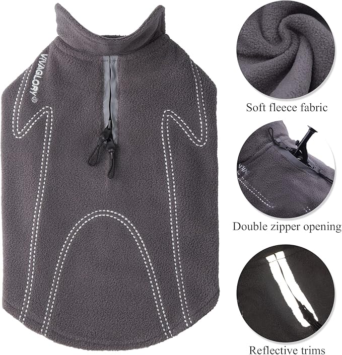 VIVAGLORY Dog Fleece Coat Warm Jacket with Hook and Loop Fastener, Easy to Take on and Off, Winter Vest Sweater for Small Medium Large Dogs Puppy Windproof Clothes for Cold Weather, Grey, S