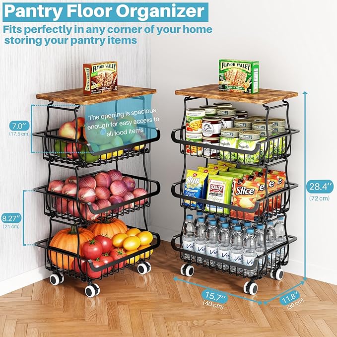 4 Tier Pantry Organizers and Storage Cart with Rolling Wheels, Stackable Metal Pantry Baskets for Pantry Shelves, Kitchen Fruit Basket Stand and Storage Rack for Snack Bottled Water Vegetable Bathroom