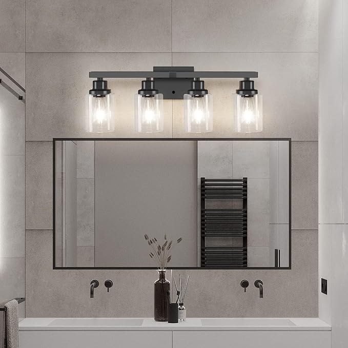 Bathroom Vanity Light, 4-Light Modern Matte Black Wall Sconce Lighting with Clear Glass Shade, Black Wall Lights,Bath Vintage Wall Mounted Lamps for Mirror Bedroom,Living Room