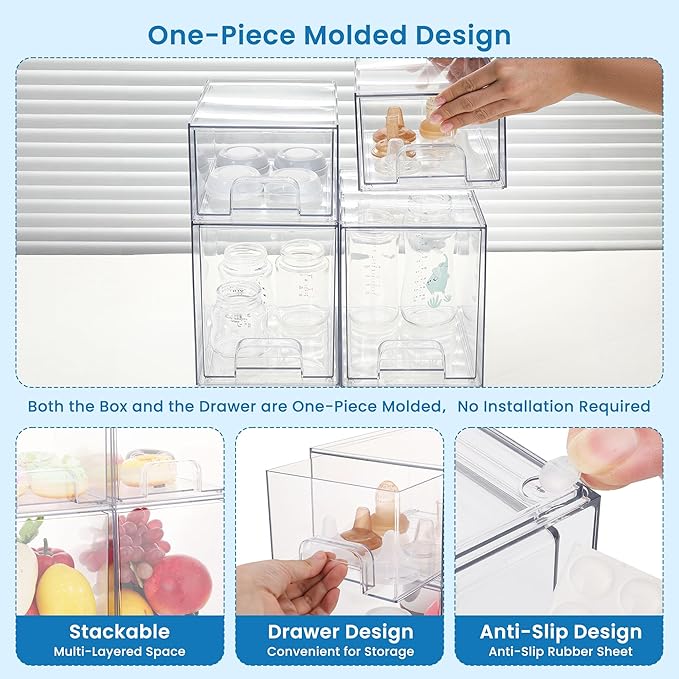 Baby Bottle Storage Organizer - Acrylic Storage Containers, Clear Stackable Drawer Baby Bottle Station Organizer for Countertop Cabinet, BPA-Free, Lead-Free (2 Small+2 High, Clear)