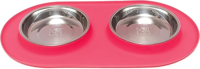 Messy Cats Double Silicone Feeder with Stainless Saucer Shaped Bowl | Anti-Slip Non-Skid Cat Food Bowls | Two Cat Bowls in Feeding/Water Station | 1.75 Cups per Bowl (Watermelon)