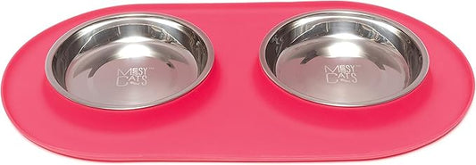 Messy Cats Double Silicone Feeder with Stainless Saucer Shaped Bowl | Anti-Slip Non-Skid Cat Food Bowls | Two Cat Bowls in Feeding/Water Station | 1.75 Cups per Bowl (Watermelon)