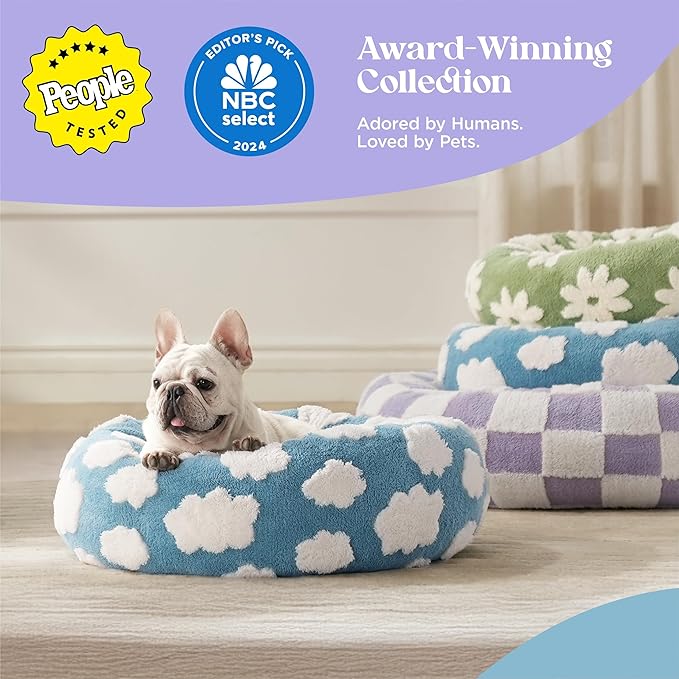 LE SURE Donut Small Dog Bed - Round Cat Beds for Indoor Cats Calming Pet Beds, Cute Modern Beds with Jacquard Shaggy Plush & Anti Slip Bottom, 27 Inch, Blue